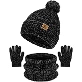 Wenouy Kids Winter Hat Gloves Scarf Set Toddler Winter Beanie with Pom Knit Neck Warmer Fleece Lined Gloves for Boys Girls
