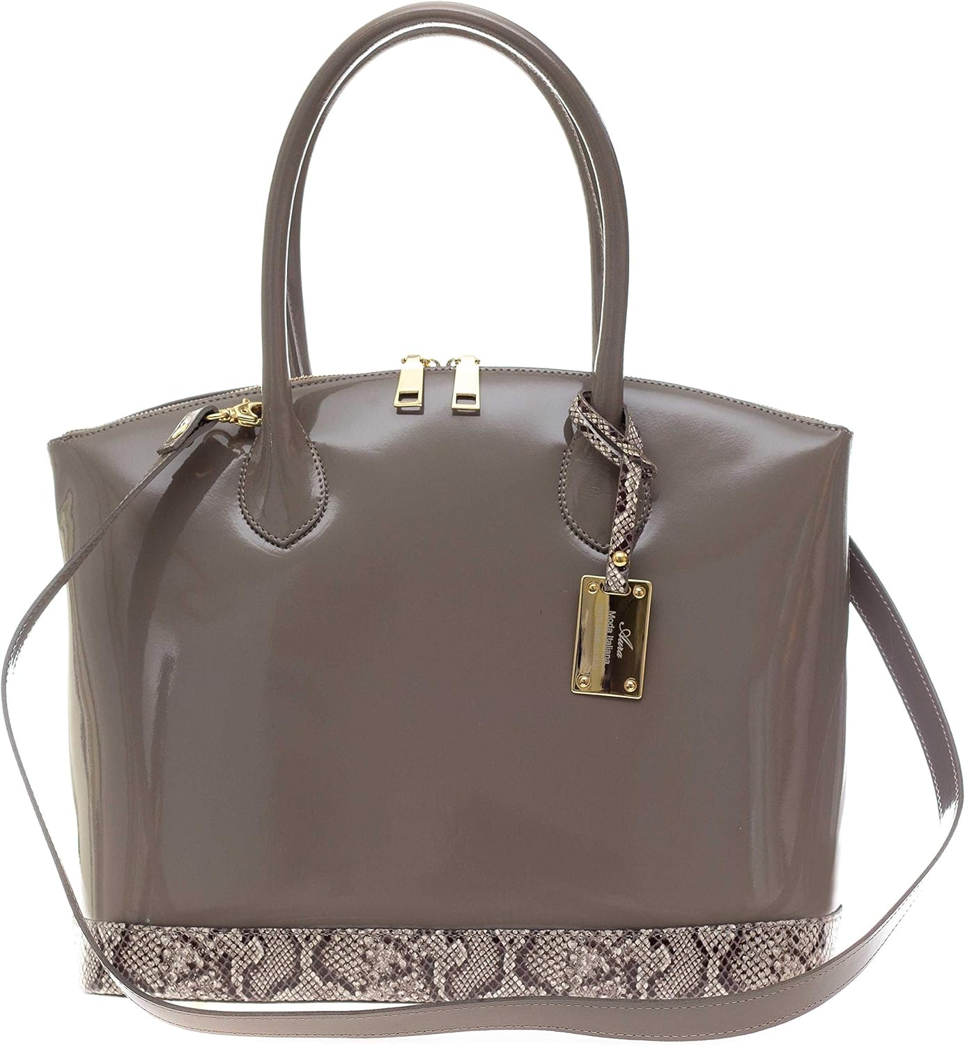 taupe patent leather handbag