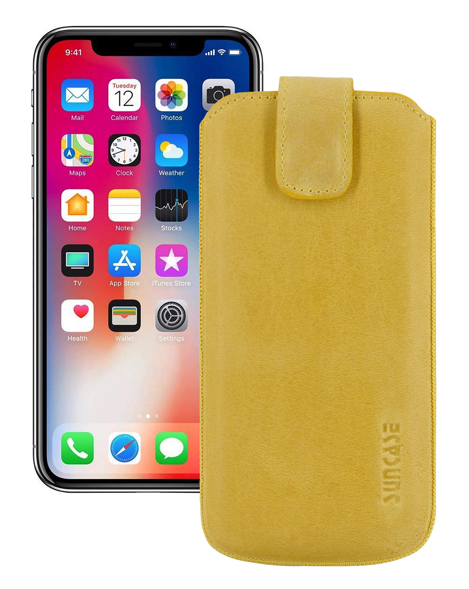 Suncase GENUINE leather case for iPhone XR with ADDITIONAL transparent cover | shell | silicone bumper cell phone case in antique mustard yellow