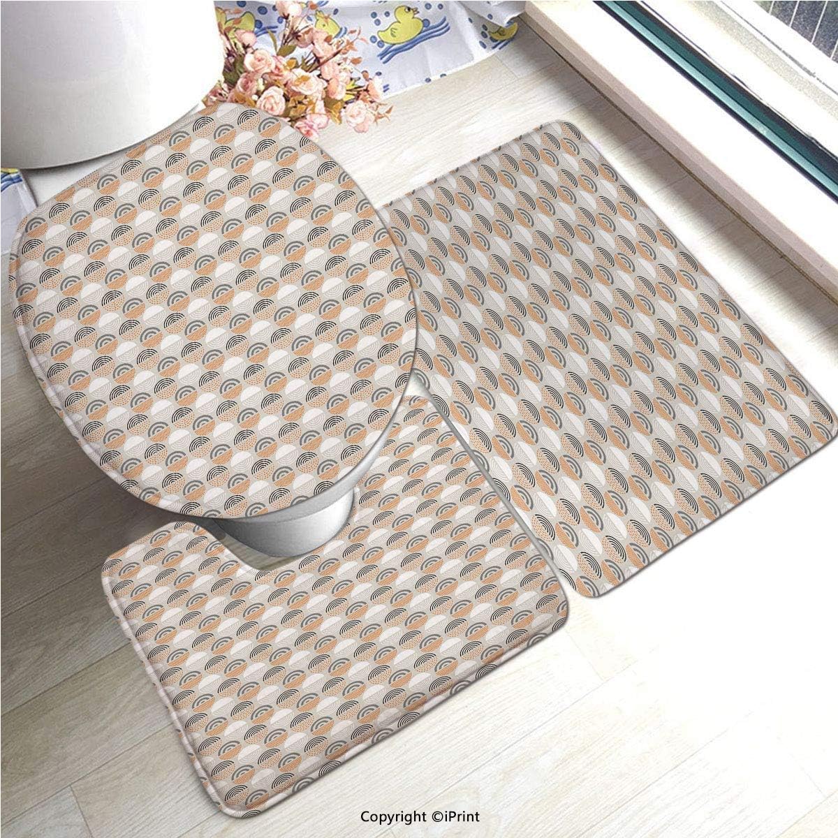 AM12144 Bath Rug 3 Piece Velveteen Bathroom Rugs Set/Mid Century Modern, Circles Dashes and Blemishes, Charcoal Grey Dimgray Pale Vermilion and Pale Eggshell/Soft Microfiber Non-Slip Machine-Washabl