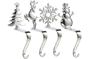 NIGHT-GRING Christmas Stocking Holder - Set of 4 Bronze Stocking Hangers with Snowman, Santa, Snowflakes, Christmas Tree, Deer Designs - Hooks for Fireplace, Shelf, Staircases