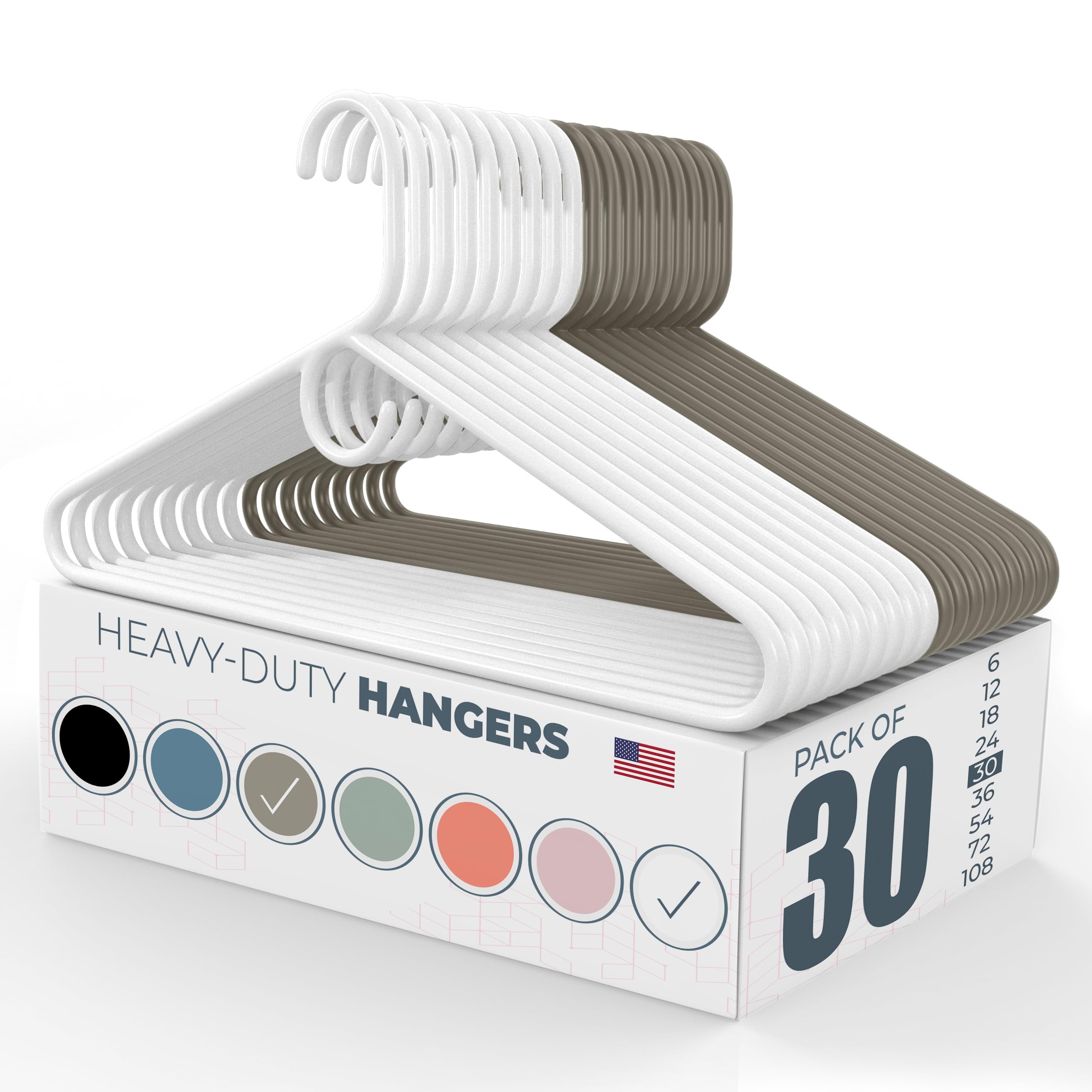 Neaties Heavy Duty Clothes Hangers 30 Pack – Made in The USA – 8lb Capacity Plastic Hangers for Adult Clothing – Durable for Pants, Coats, Jackets, or Jeans – White & Gray Image