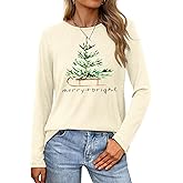 TOTWOW Christmas Shirts for Women Merry Christmas Long Sleeve Tshirt Funny Holiday Loose Casual Graphic Tee Tops
