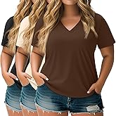 Neer 3 Pack Women's Plus Size T Shirts Short Sleeve V Neck Tops Solid Flat Hem Basic Loose Causal Tees