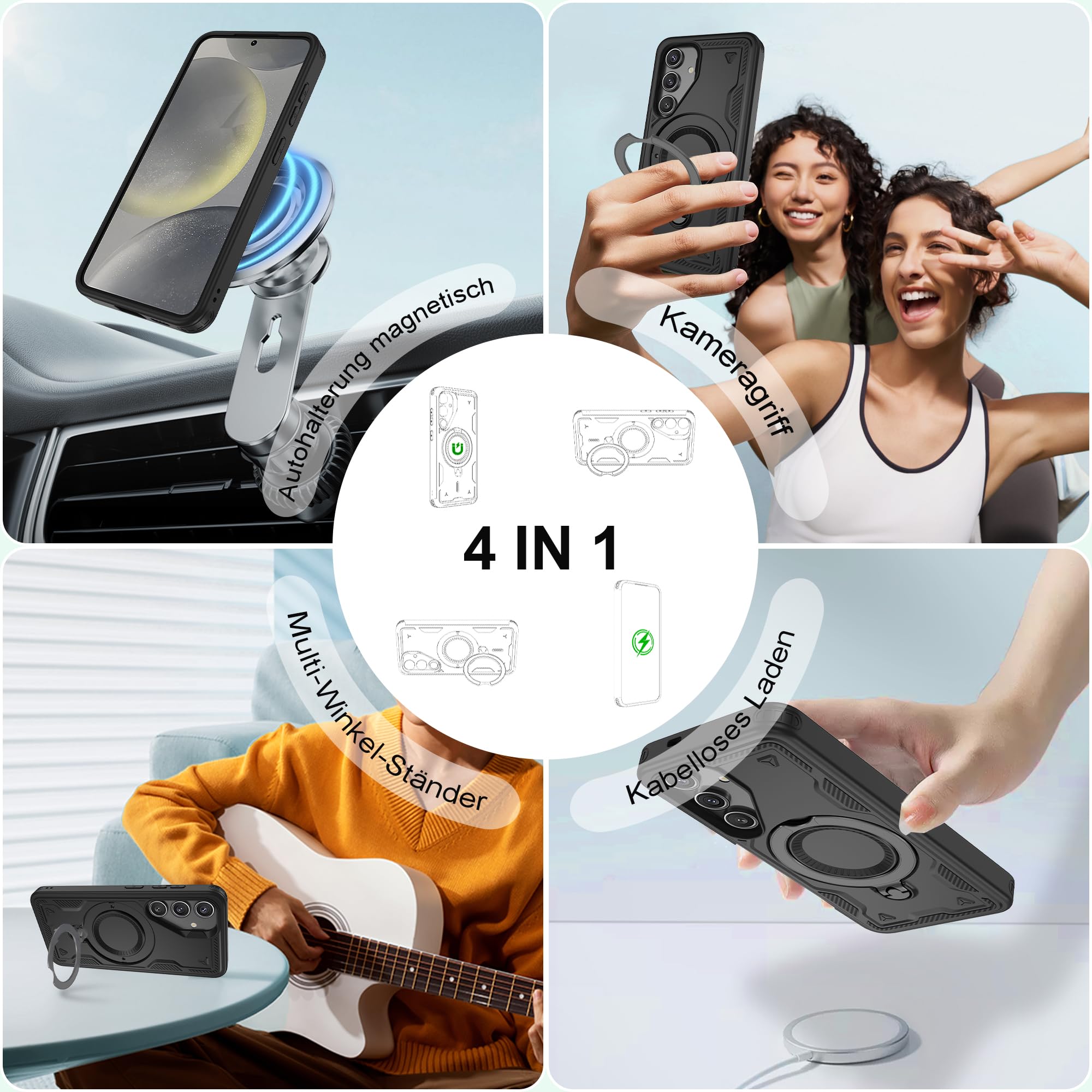 Jshru Samsung Galaxy S24/S25 Hülle Kompatibel mit Magsafe Handyhülle, mit 2Stk HD-Schutzfolie Magnetische Schutzhülle, 360° Drehbare Ringhalter Stoßfeste Case für Samsung Galaxy S24/S25,Schwarz 5