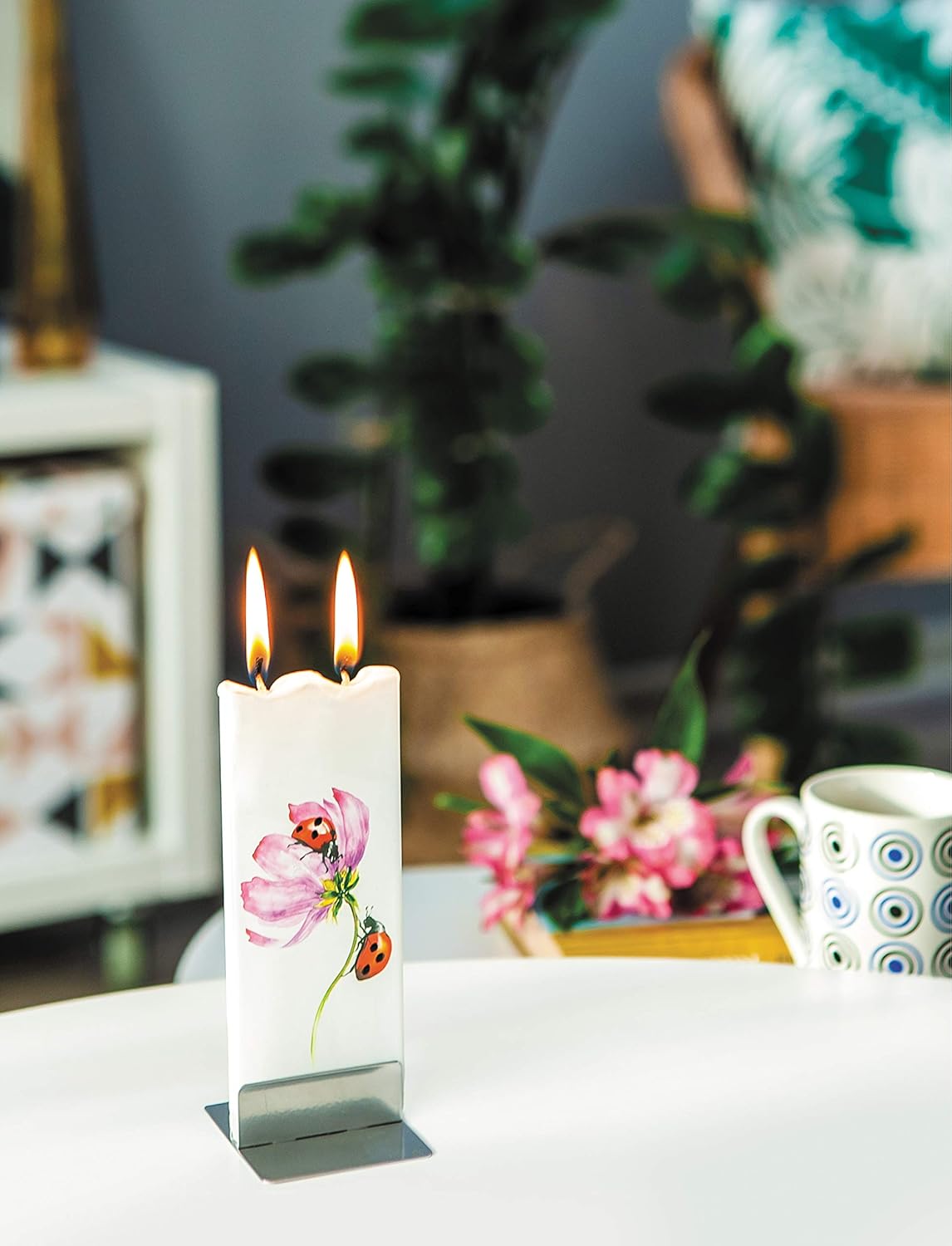 Flatyz Hand Painted Flat Candle| Unscented, Dripless, Smokeless, Decorative | Purple Lilac | Double Wick with Metal Base | Unique Gift Idea and Home Décor Accent: Home & Kitchen