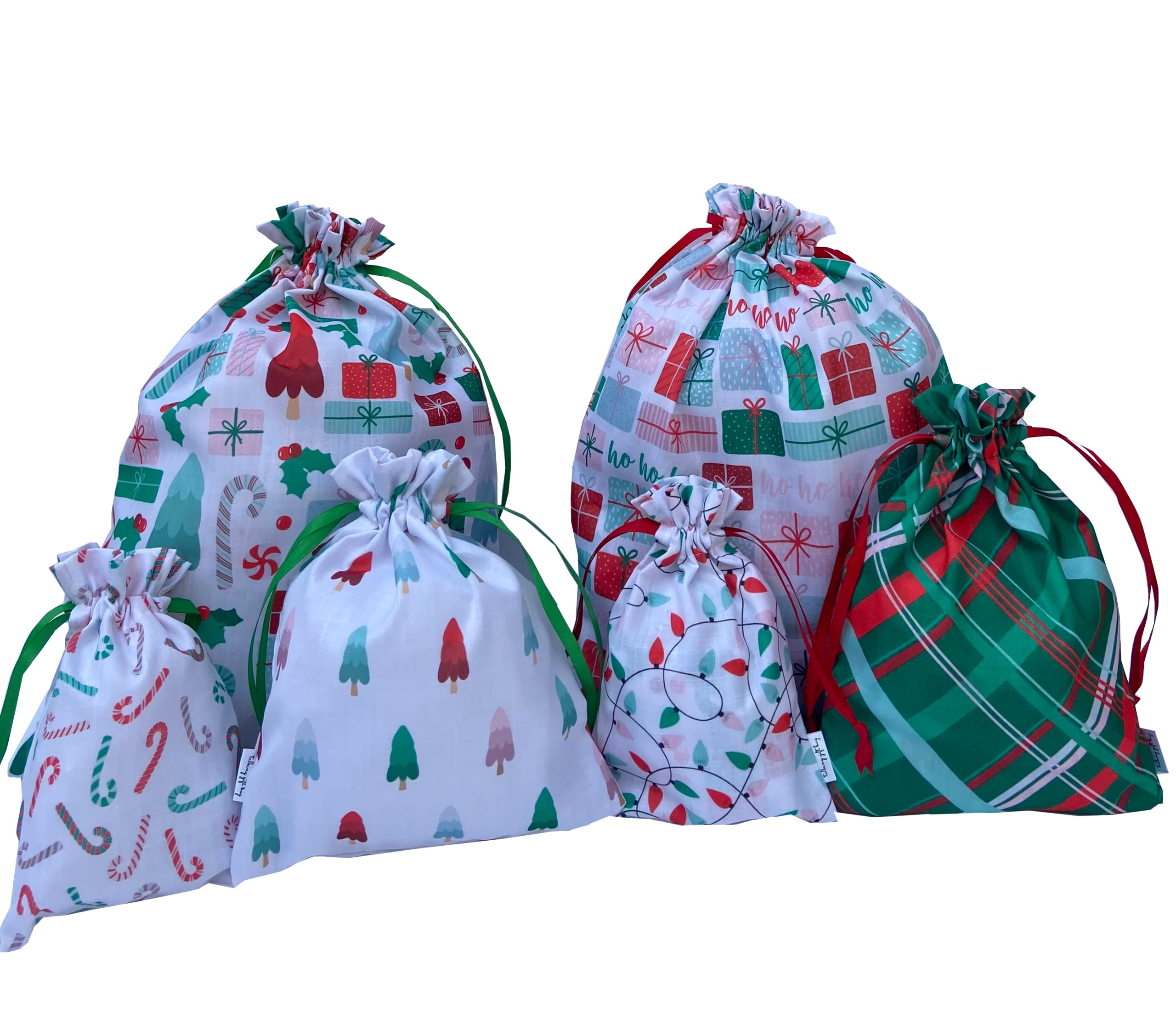 6pc Fabric Gift Bags with Drawstring Ribbons – Reusable Pouches for Christmas, Valentine’s, Easter, Birthdays & Travel Storage- Christmas themed sack- Gift Wrap