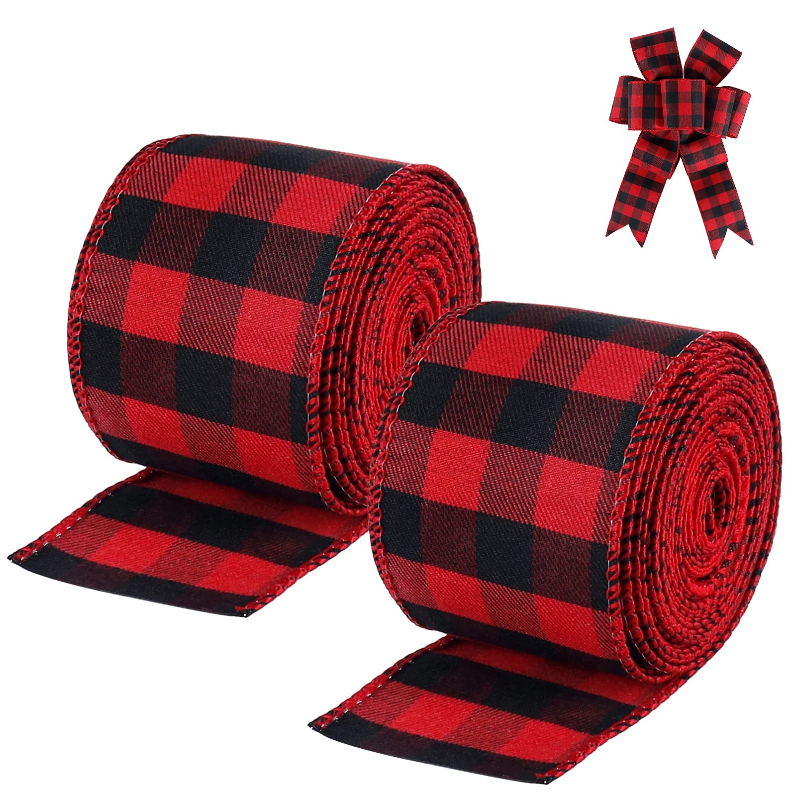 Photo 1 of 19.6 Yard 2.5 inch Wide Buffalo Plaid Ribbons Wired Edges, 2 Rolls Red and Black Checkered Ribbon for Christmas Tree Gift Decorations