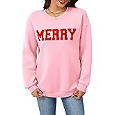 Samring Christmas Sweatshirts for Women Oversized Crewneck Long Sleeve Letter Graphic Merry Pullover Top