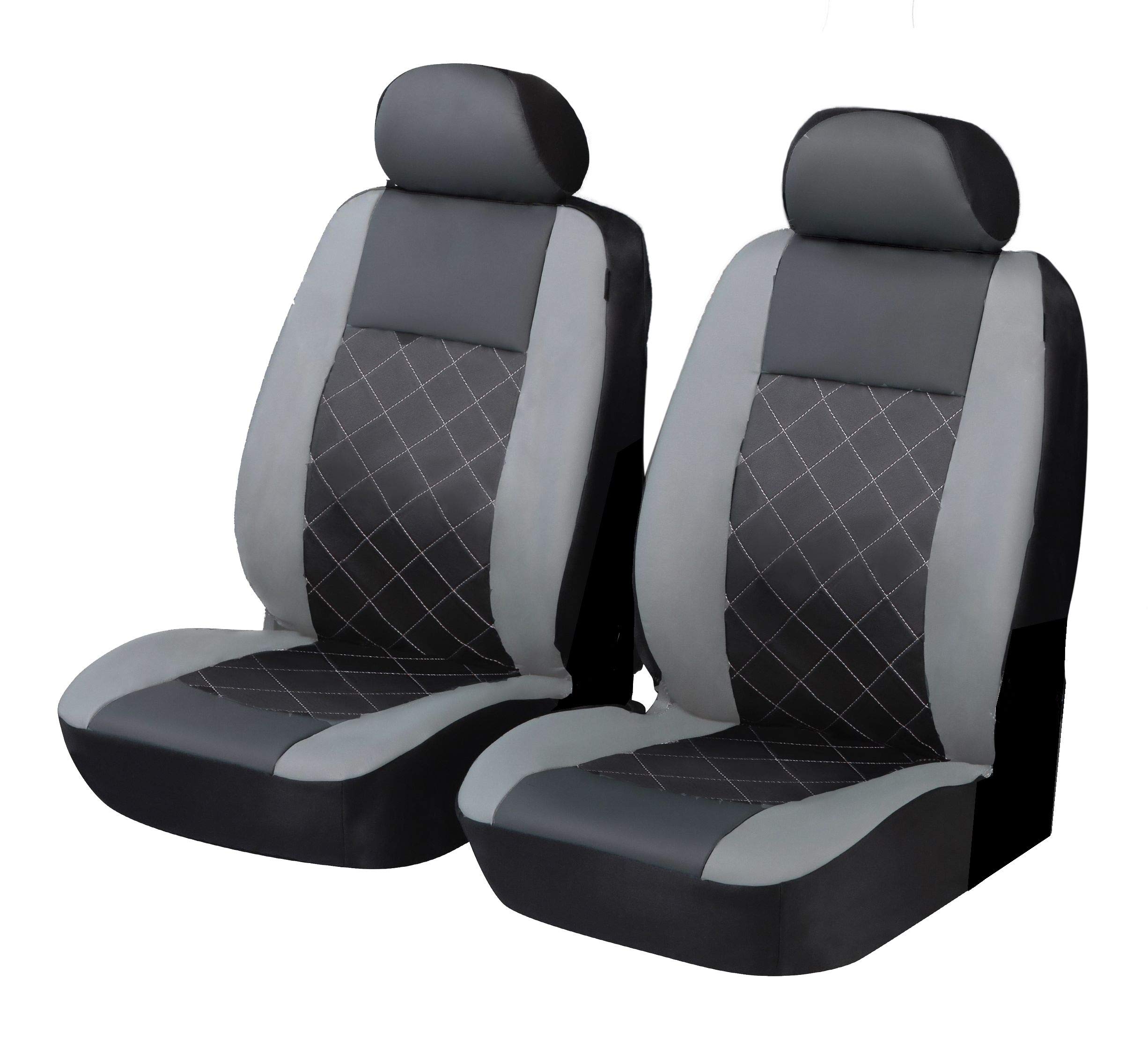 Carseatcover-UK Knightsbridge GREY/BLACK Leather Look Front Pair - Universal Car Seat Cover Set with seaparate headrest covers |Hard Wearing & Durable Fabric| Car Accessories Interior| Airbag Safe