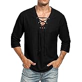 LecGee Men's Casual Cotton Linen Shirt Short Sleeve V Neck Lace Up Hippie Beach Tee Shirts Yoga Summer Top