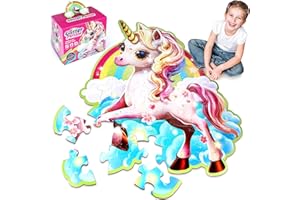 GOMEINA Girls Unicorn Floor Puzzle Toys: Unicorn Gifts for Girls - Puzzles for Kids Ages 4 5 6 7 8 9 - Unicorn Toys Glittery Pink 45-Piece Puzzle - Educational Games to Foster Toddlers Motor Skills