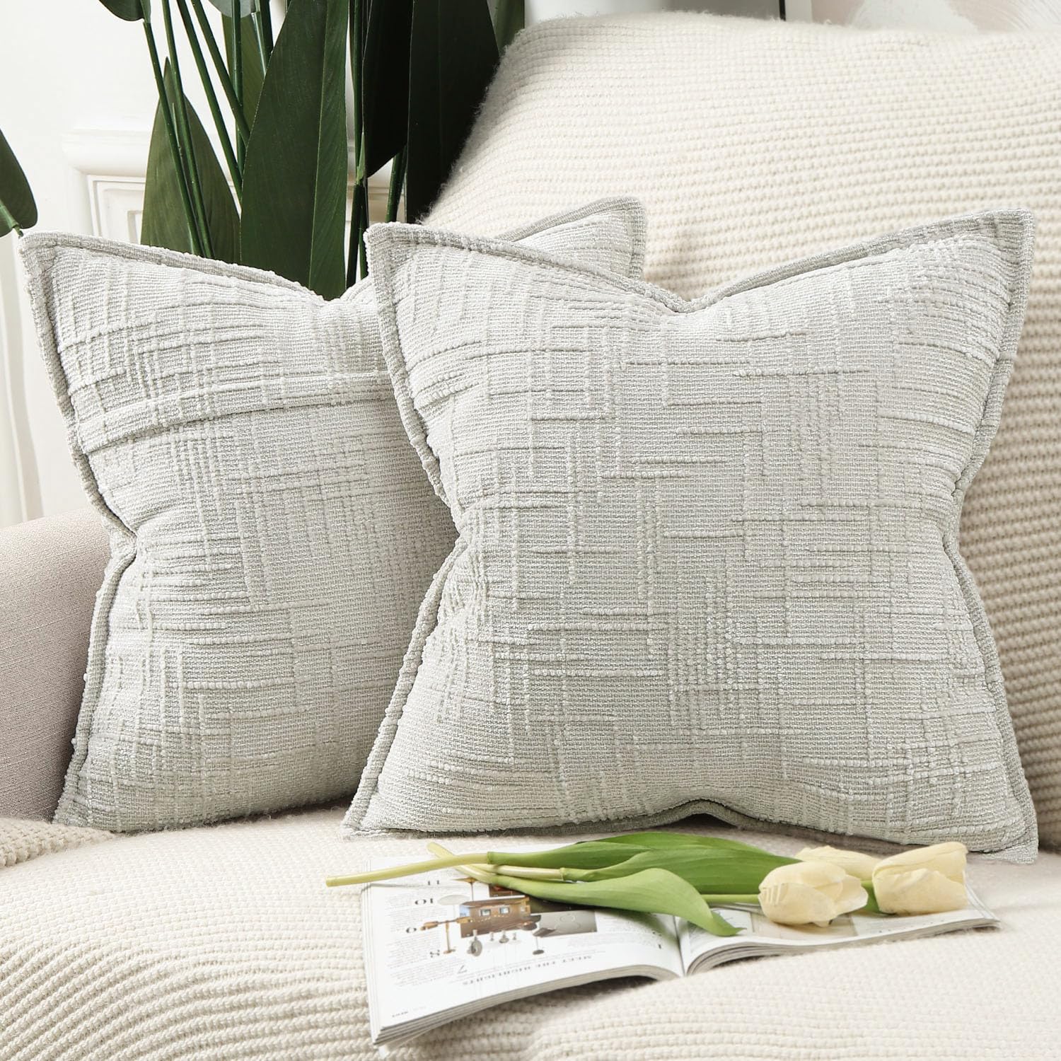 Photo 1 of MADIZZ Pack of 2 Chenille Throw Pillow Covers 18x18 Inch Light Grey Soft Neutral Decorative Throw Pillows for Couch Sofa Boho Accent Cushion Covers Modern Farmhouse Home Decor for Bedroom Living Room