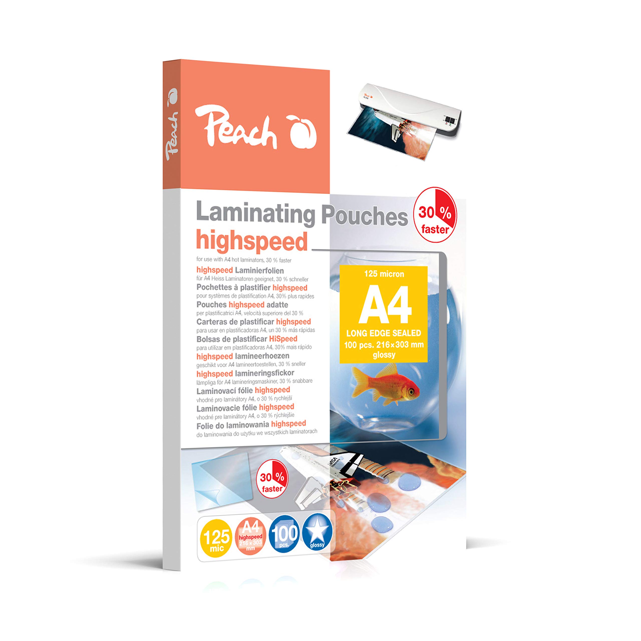 Peach PP525-22 High-Speed Laminating Pouches A4, 2 x 125 microns, 100 Laminating Pouches, Glossy Finish, Compatible with Laminating Devices of All Brand Manufacturers