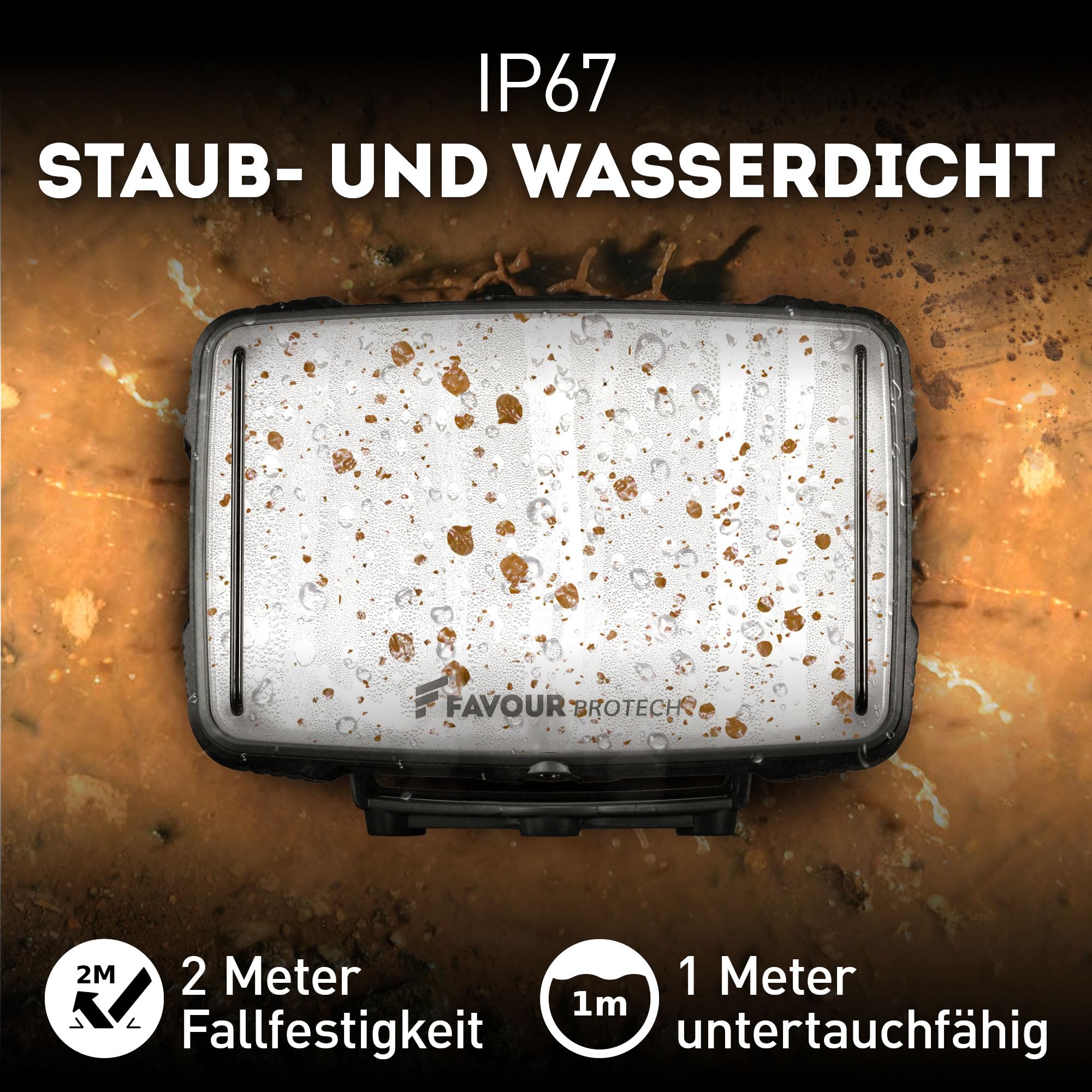 Akku Baustrahler LED, 1600 Lumen magnetisch – USB wiederaufladbare Arbeitsleuchte IP67 wasserdicht – Robuster LED Strahler Akku für Baustelle & Werkstatt – Favour 7