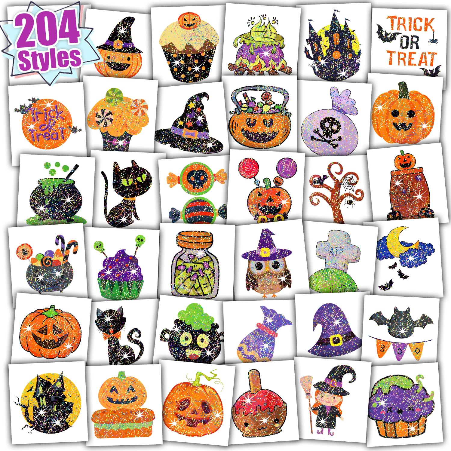 PARTYWIND 204 PCS Glitter Halloween Tattoos for Kids Treats, Halloween Party Decorations Supplies for Boys Girls, Tattoo Stickers for Halloween Goodie Bag Stuffers (Individually Wrapped Sheets)