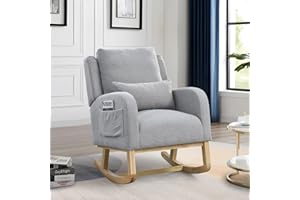 ANTETEK Rocking Glider Chair for Nursery, Wingback Accent Rocker Chair Upholstered Tall Back Arm Chair w/Side Pockets, Modern Leisure Single Sofa for Living Room, Hotel, Bedroom, Baby Room, Grey