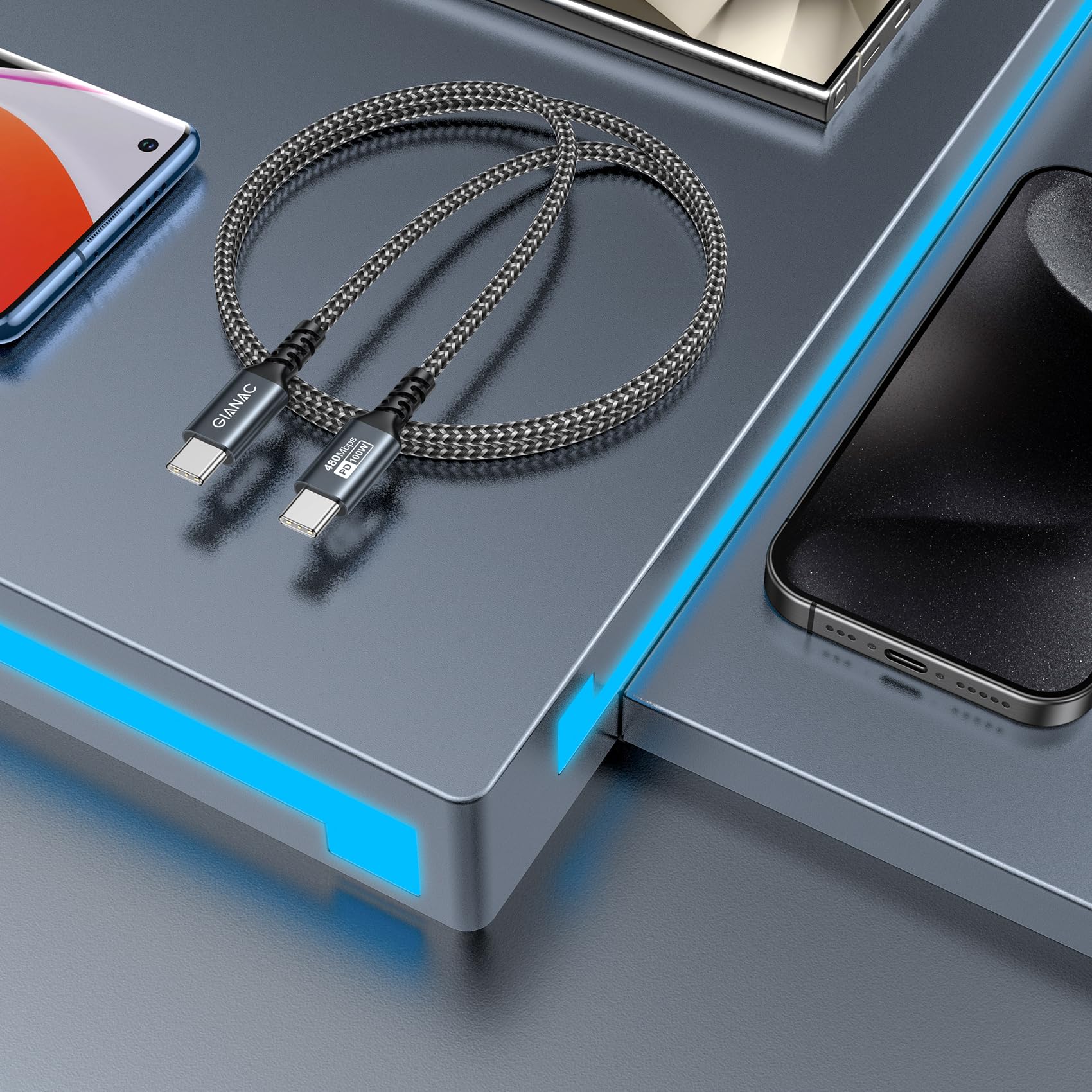 GIANAC 100W USB C auf USB C Kabel [2 Stück 2M] Schnellladekabel USB C PD 5A/100W USB C Ladekabel mit E-Mark Chip für iPhone 15 Pro Macbook Pro iPad Pro,Samsung Galaxy S23 S22 S21 usw 7