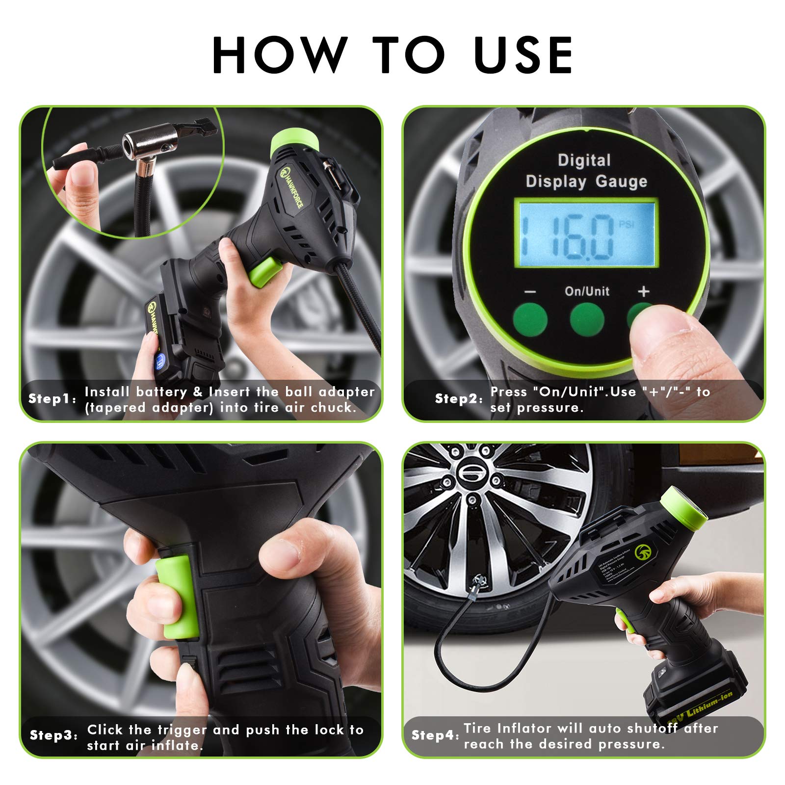 Tire inflator, Hawkforce Cordless Portable Air Compressor Automatic Car Tire Air Pump with Easy to Read Digital Pressure Gauge, Built-in LED Light and 2 Needles