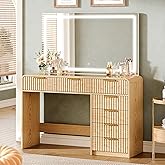GRUTEUNIT 47.2" Makeup Vanity with 44.8" Mirror and Lights, Modren Vanity Desk with 7 Drawers,Vanity Table with Glass Top, Dressing Table with Charging Station for Women and Girls,Bedroom，Natural