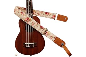 MUSIC FIRST Original Design "Rosa Multiflora in Cream" Soft Muslin & Genuine Leather Ukulele Strap Ukulele Shoulder Strap Wit