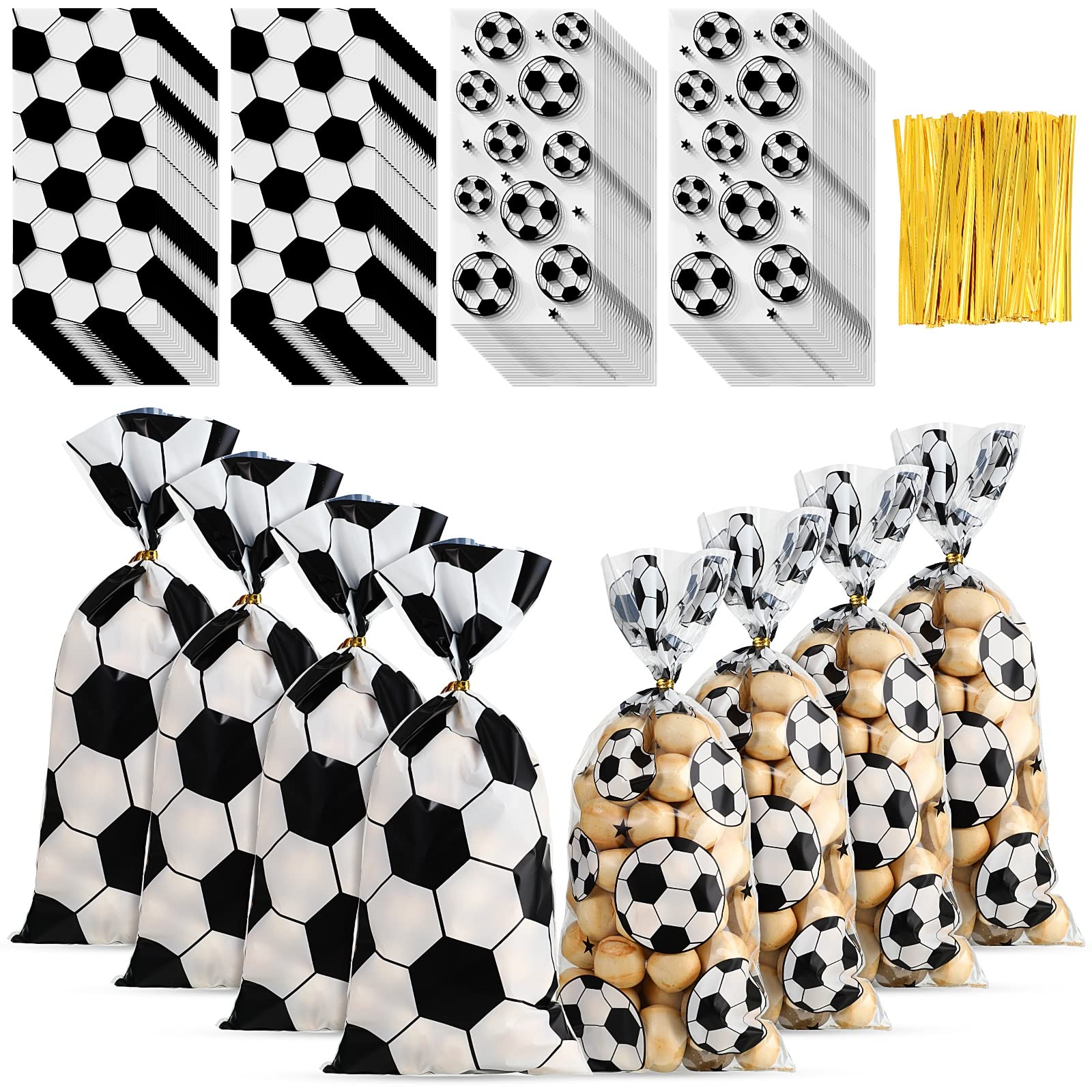 Photo 1 of 100 Pieces Soccer Ball Treat Bags 2 Designs Soccer Goodie Bags Football Cellophane Bags Party Favor Gift Bag with 100 Pieces Twist Ties for Kids Soccer Themed Birthday Supplies
