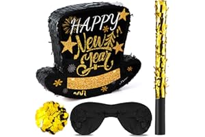 Poen 2026 New Year Piñata Black Top Hat Piñata with Stick and Blindfold Confetti Happy New Years Eve Party Supplies Decorations Large Piñata for Adults Game Party Supplies 14.96 x 12.4 x 2.95 in
