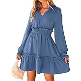 BerryGo Womens Long Sleeve Mini Dress Casual Ruffle Fashion V Neck High Waist A Line Flowy Boho Short Fall Dresses