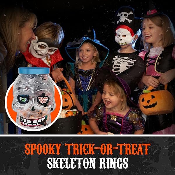 30 PACK HALLOWEEN RING CANDY – INDIVIDUALLY WRAPPED HOLIDAY THEMED SKULL CANDYS PACKED IN A SKULL JAR – TRICK OR TREAT STRAWBERRY AND TUTTI FRUTTI DELICIOUS CANDYS – BULK HALLOWEEN SUCKERS GREAT USE, FOR KIDS, TRICK OR TREAT, PARTY FAVOR, CLASSROOMS, GOODIE BAGS