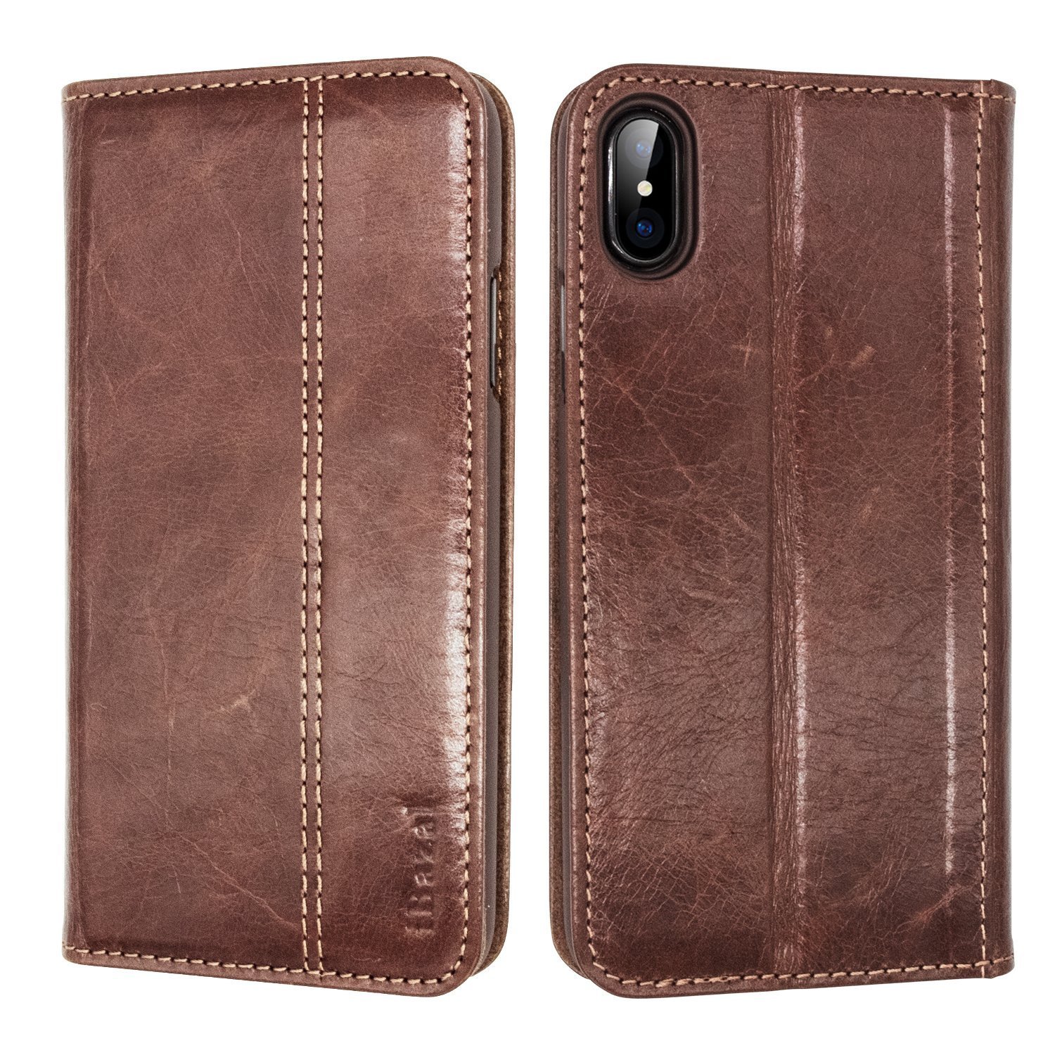 iPhone X Case, iBazal Stand Folio Leather Case, Vintage Handmade Genuine Leather Flip Case with magnetic Closure for iPhone X / iPhone 10 5.8\'\' (2017) - Brown