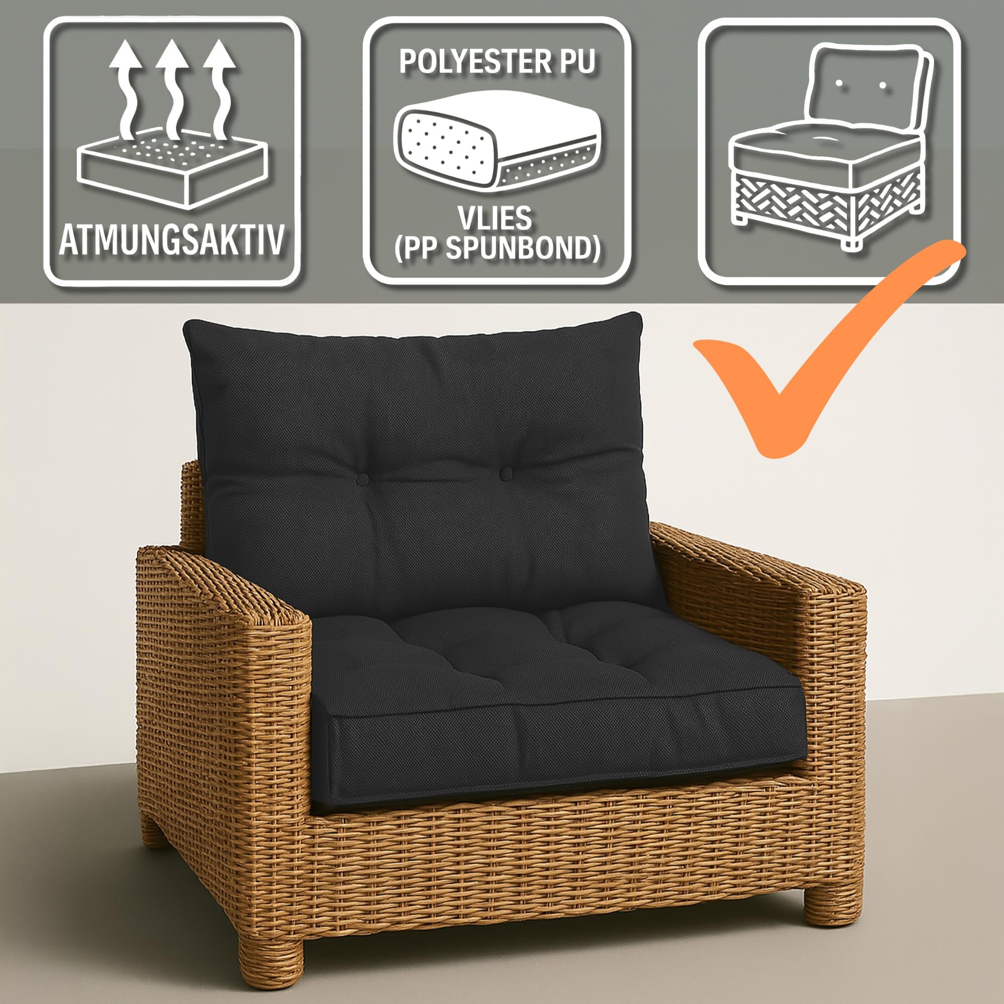 Polster für Gartenmöbel Set Sitzpolster 50x50 cm und Rückenkissen 40x50 cm - Lounge Kissen Outdoor Polster Balkon und Gartenmöbel-Kissen Loungekissen Gartenpolster Auflagen für Rattanmöbel 4