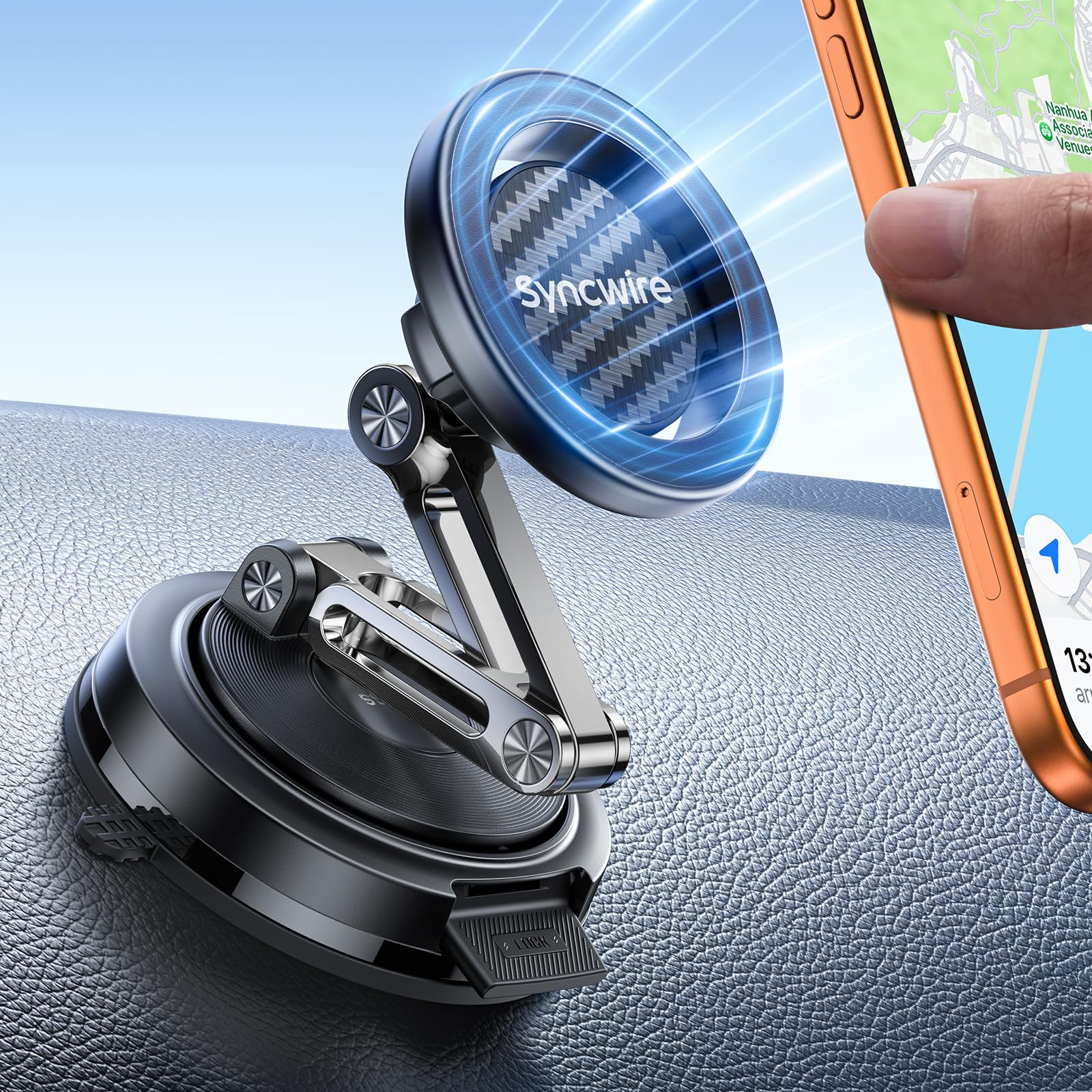 SYNCWIRE for MagSafe Car Mount, [3-Axis Adjustable] Vacuum Magnetic Phone Holder, Replaceable Suction Cup (Dashboard/Windshield), 360° Rotation, Foldable, for iPhone 17-12 Pro/Max/Plus, Carbon-Fiber