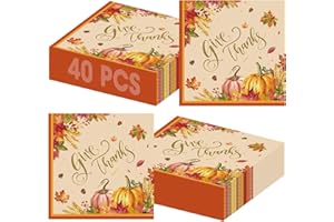LITMITFU 40 Pcs Thanksgiving Napkins 13 x 13 Inches - Fall Give Thanks Napkin, 3-Ply Pumpkin Maple Leaf Cocktail Disposable Paper Napkins Tableware Set for Fall Thanksgiving Party Supplies Table Decorations