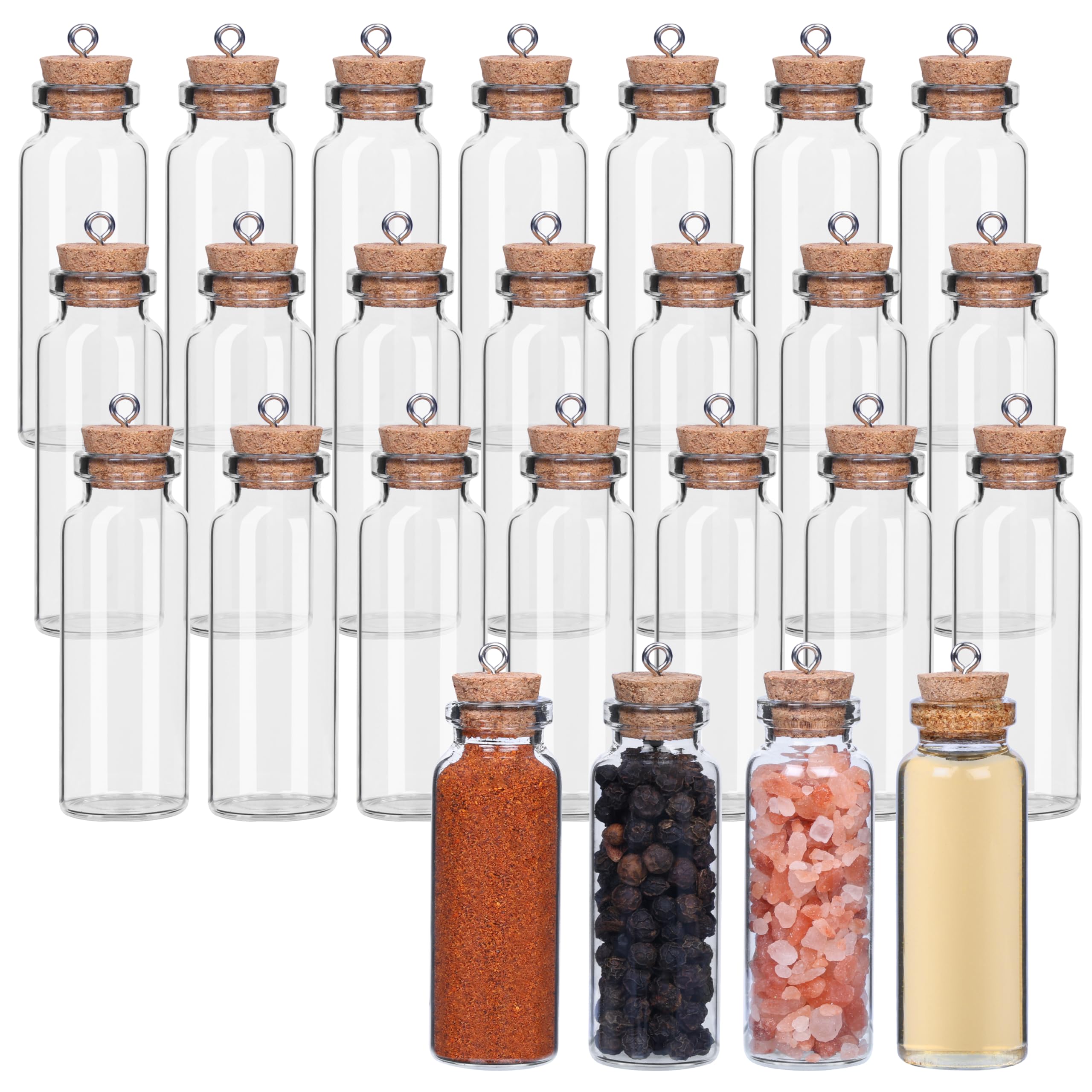 BELLE VOUS 25 Pack of 15ml Glass Favour Jars with Cork Lids & Eyelet Hooks - Mini Mason Airtight Storage Bottle Set for Wedding Favours, Party, Kitchen Spices and Jam