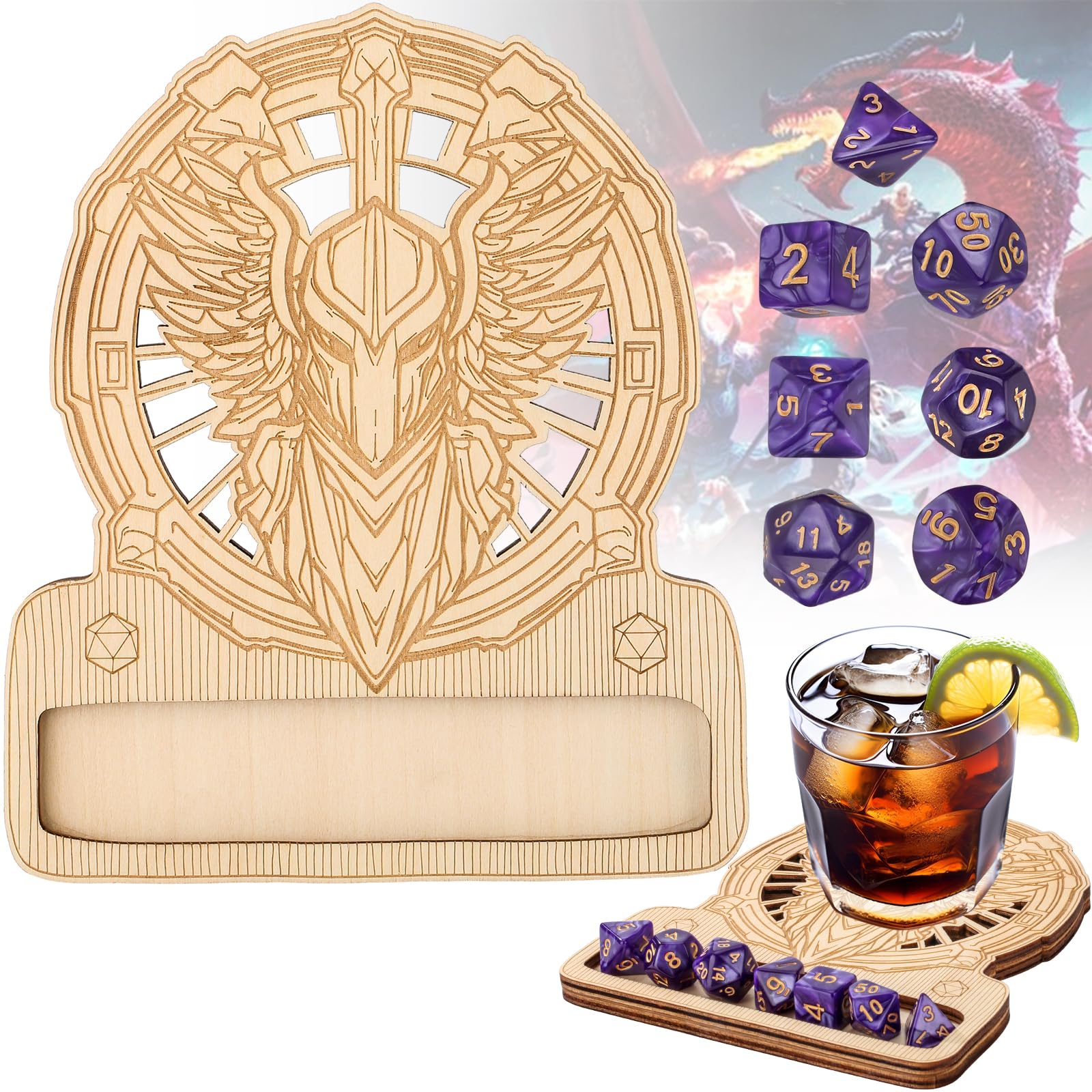 DRMFLE Wooden DND Dice Coaster - 7pcs Polyhedral Dice, Laser Engraved with Classic RPG Icons, Gaming Accessory for Dungeons & Dragons, Smooth Finish, Non-Slip Base, Perfect Present for Tabletop Gamers
