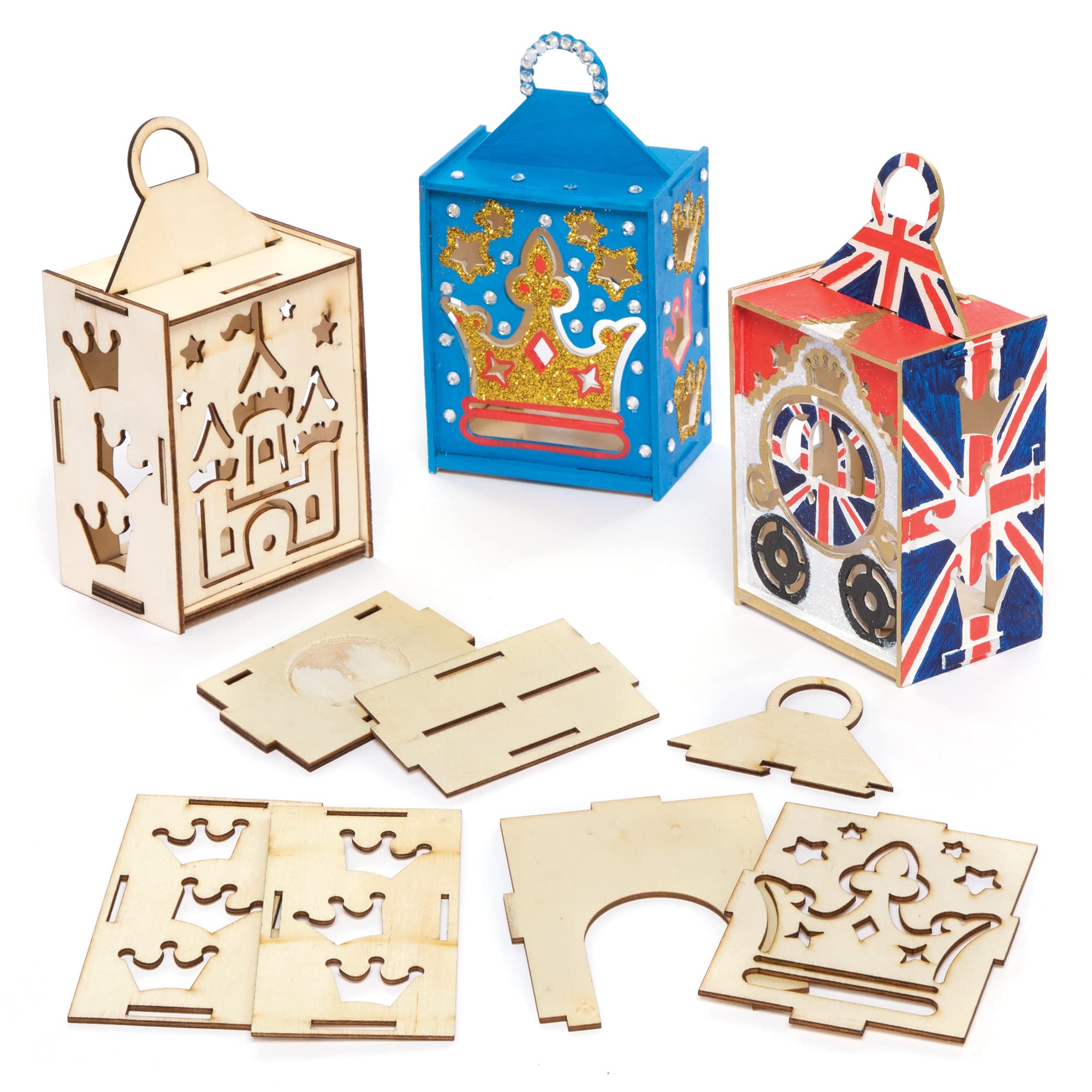 Baker Ross PJ188 Royal Celebration Lantern - Pack of 3, Wood Craft Kit, British Party Souvenir for Kids