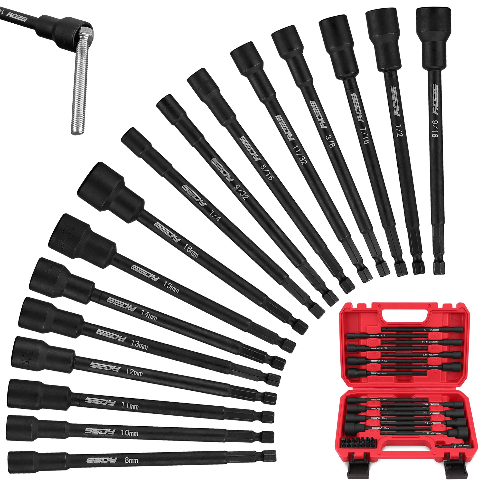 16PCS Magnetic Nut Driver Set - SAE & Metric, 1/4" Hex Shank For Drills & Impact Drivers