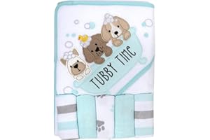 BABY ESSENTIALS Baby Hooded Towel and Washcloth Set for Infants, Boys and Girls 6-12 Months (Pristine Pups)