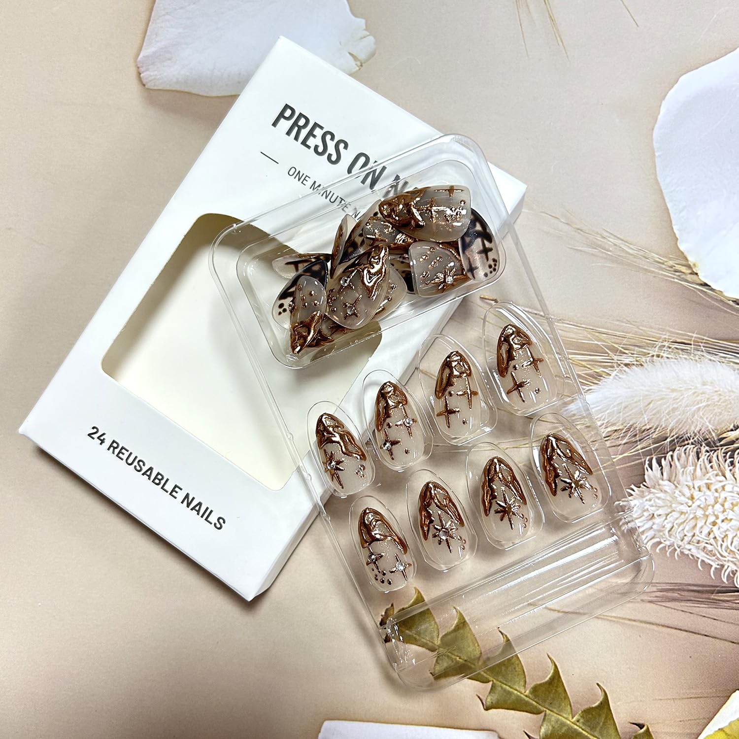 TBRZTR Gold French Tip Press on Nails - Medium Almond Shaped 3D Irregular False Nails With Stars Design Rhinestones - Acrylic Full Cover Coffin Nails - Reusable Glue on for Women 24Pcs - Image 2