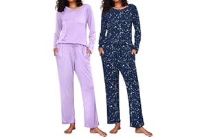 Ekouaer 2 Pack Womens Pajama Sets Long Sleeve Pjs Lounge Set Soft Comfy Sleepwear Winter Loungewear