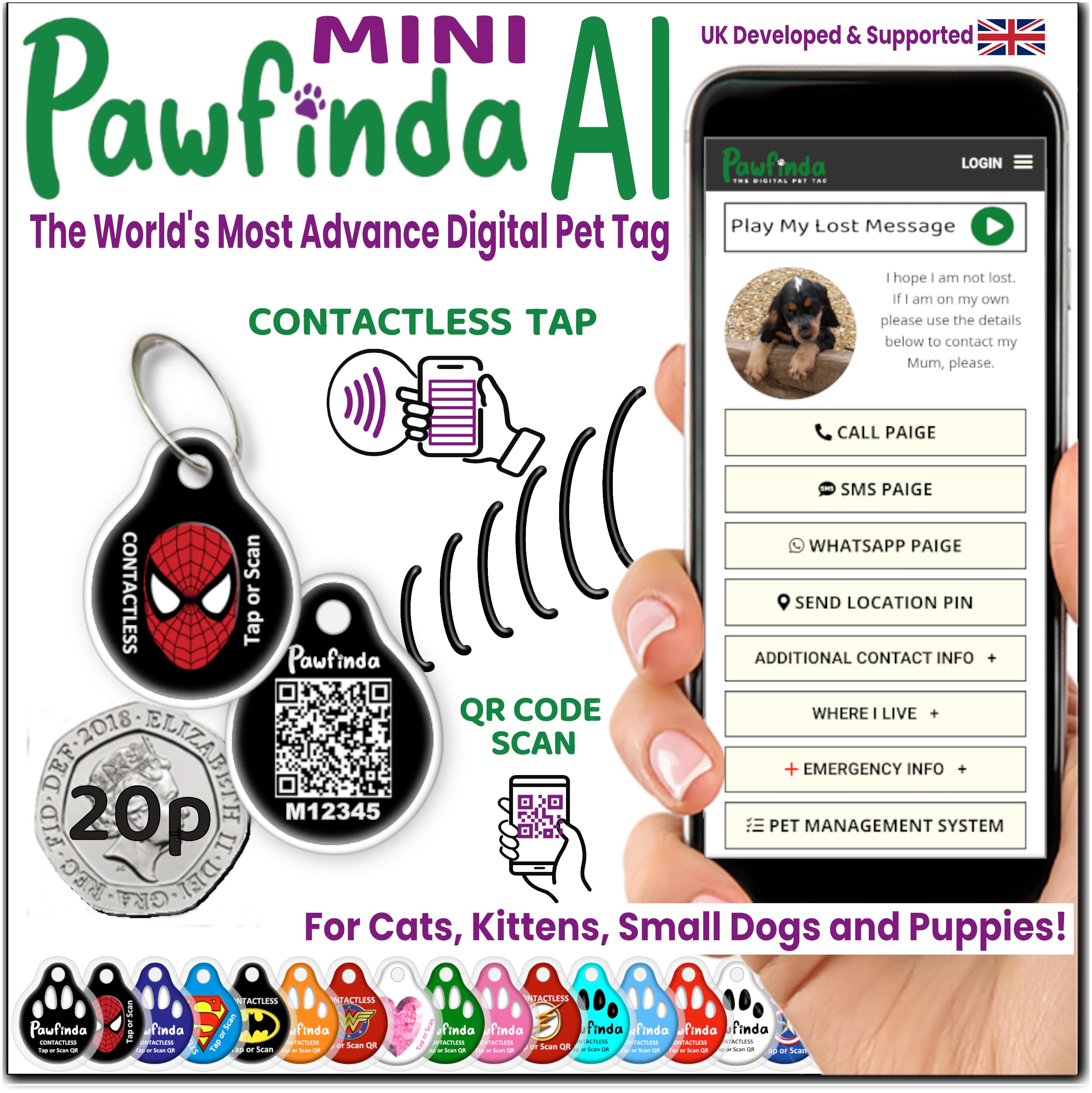 PAWFINDA AI – Next Generation AI Digital Pet Tag. Personalised Cat Dog Pet Engraved ID Tag with CONTACTLESS NFC, QR Code Technology and PawVoice AI. Developed & Fully Supported in the UK