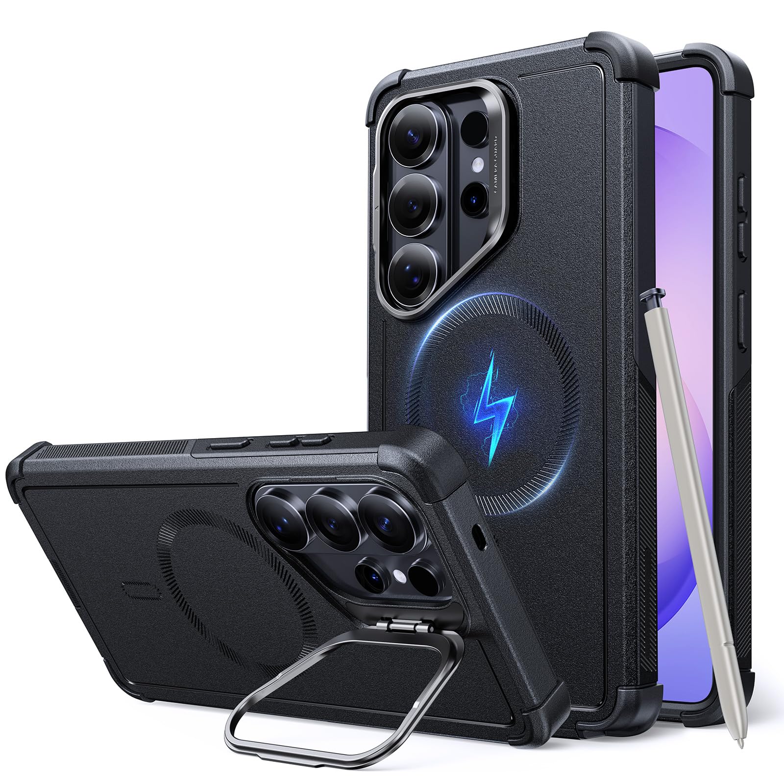 ESR for Samsung Galaxy S26 Ultra Phone Case with Stash Stand, 7X Military-Grade Drop Protection, Shock-Absorbing Rugged Cover, Compatible with MagSafe Accessories, Cyber Series, Black Image