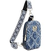 MARCO M KELLY Small Denim Sling Bag for Women Quilted Crossbody Distressed Jean Fanny Packs Chest Bag with Wide Strap