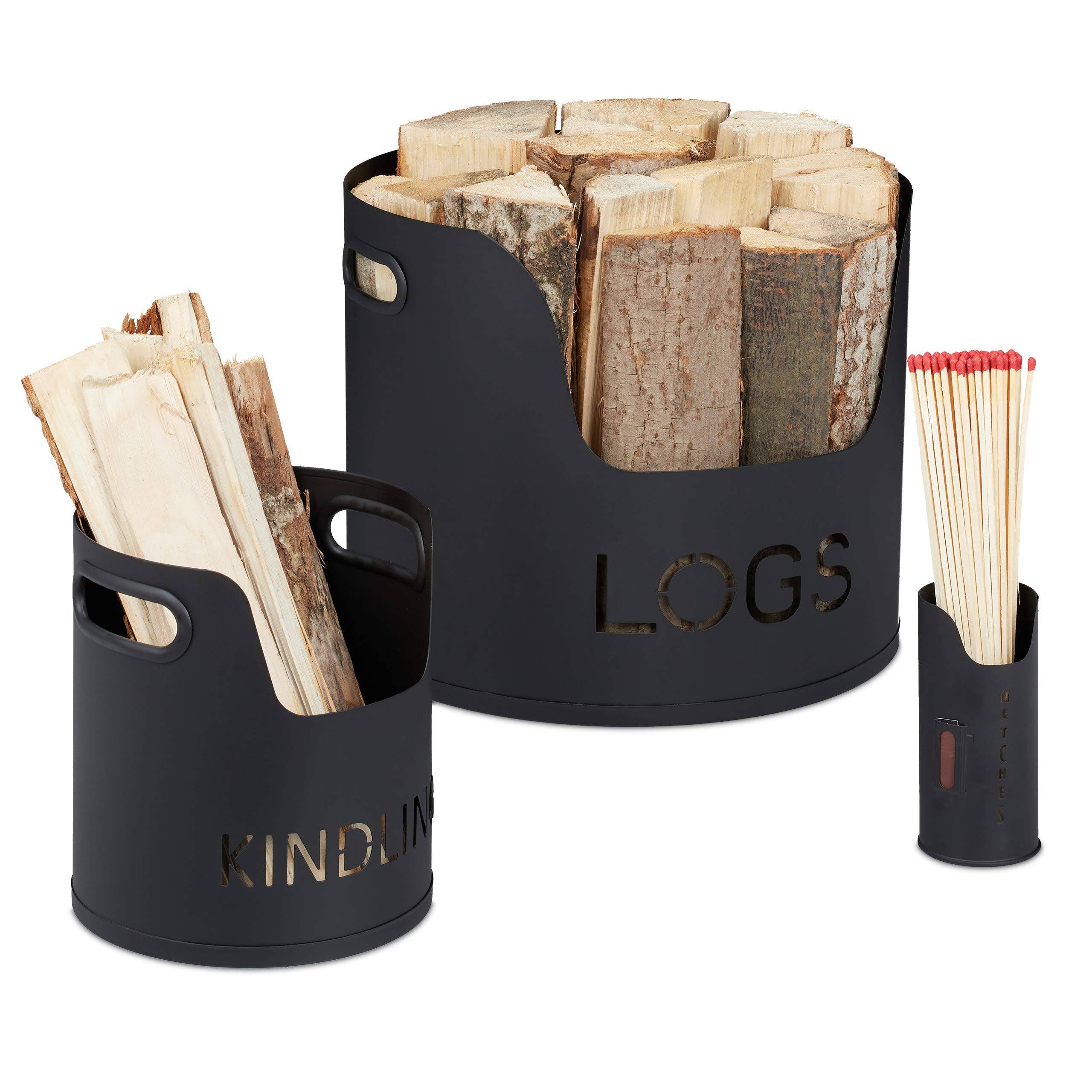 Relaxdays Firewood Holder Set of 3, for Wood, Kindling & Matches, Wood Basket Metal, Diameters: 37/19 / 6.5 cm, Black