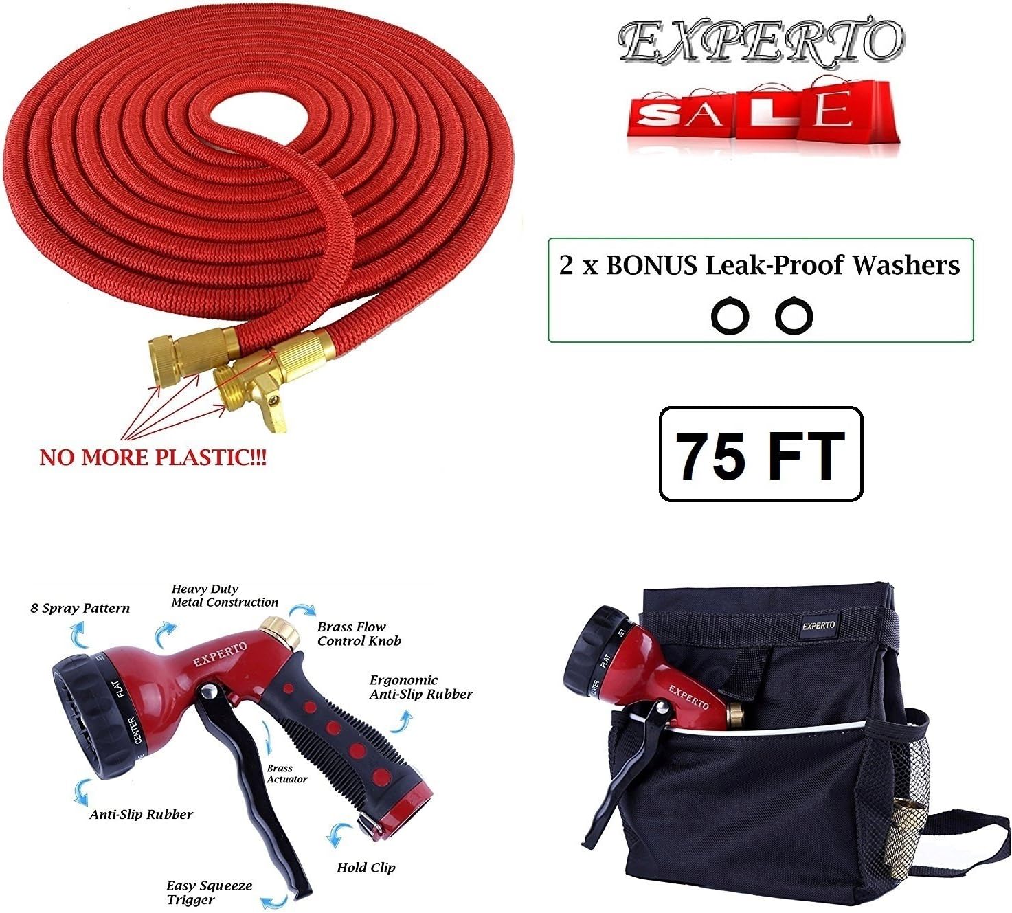 eXperto (75ft, Red) Expandable Garden Hose 3 in 1 KIT - Expanding Hose + Heavy Duty 8 Pattern Metal Watering Nozzle Spray Front Trigger + Hose Storage Bag
