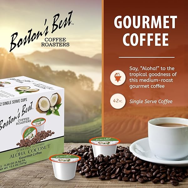 BOSTON’S BEST – ALOHA COCONUT FLAVORED DELICIOUS GOURMET COFFEE COMPATIBLE WITH KEURIG COFFEE MAKER, 1 COUNT (42 SINGLE SERVE CUPS)