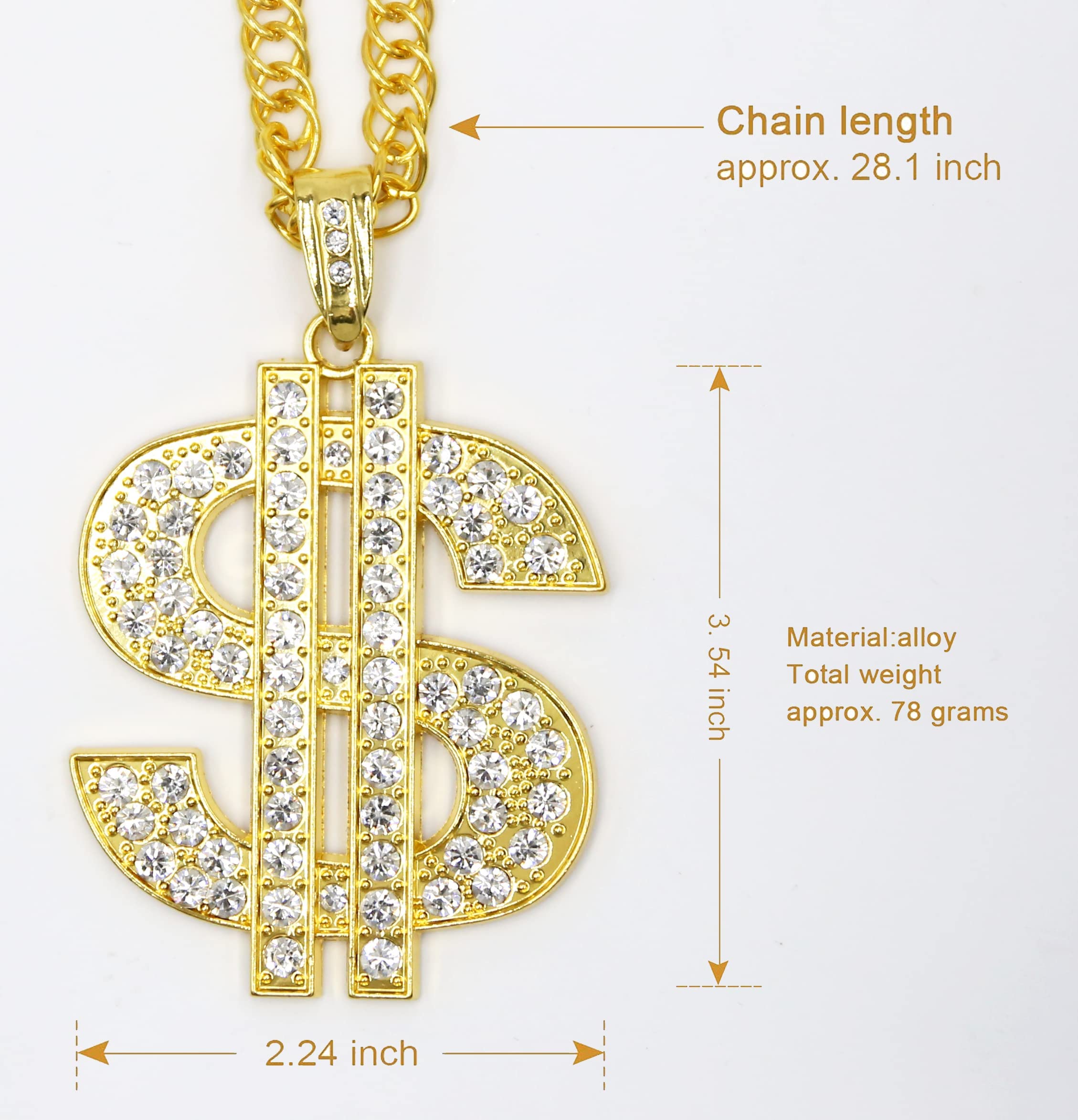 PinCute 18K Gold Plated Dollar Chain Necklace, Fake Gold Chain for Men, Dollar Sign Hip Hop Chain Necklace Pendant for Men and Women