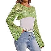 ETOSELL Women Long Sleeve Y2K Crop Tops Hollow Out Crochet Shrug Bolero top See Through Loose Cover Up Mesh Pullover