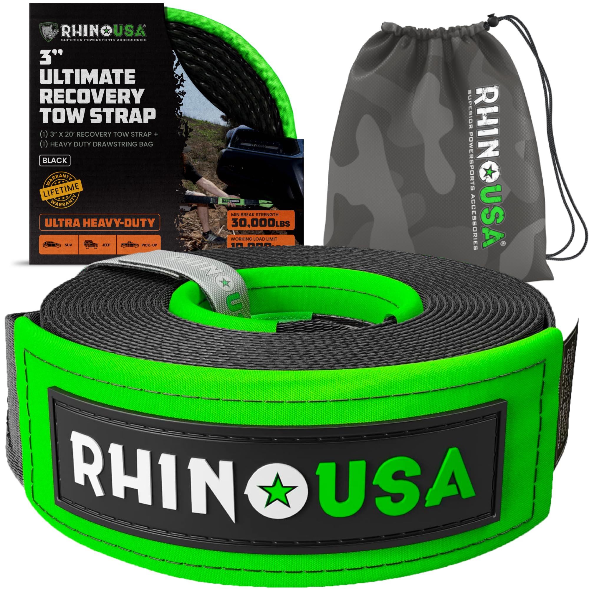 Photo 1 of Rhino USA Recovery Tow Strap (3" x 20') - 31,518lb Break Strength - Emergency Recovery Strap Tow Rope for Truck, UTV, ATV & More - Heavy Duty Towing Strap for Offroad 4x4 Use - Compatible with Jeep