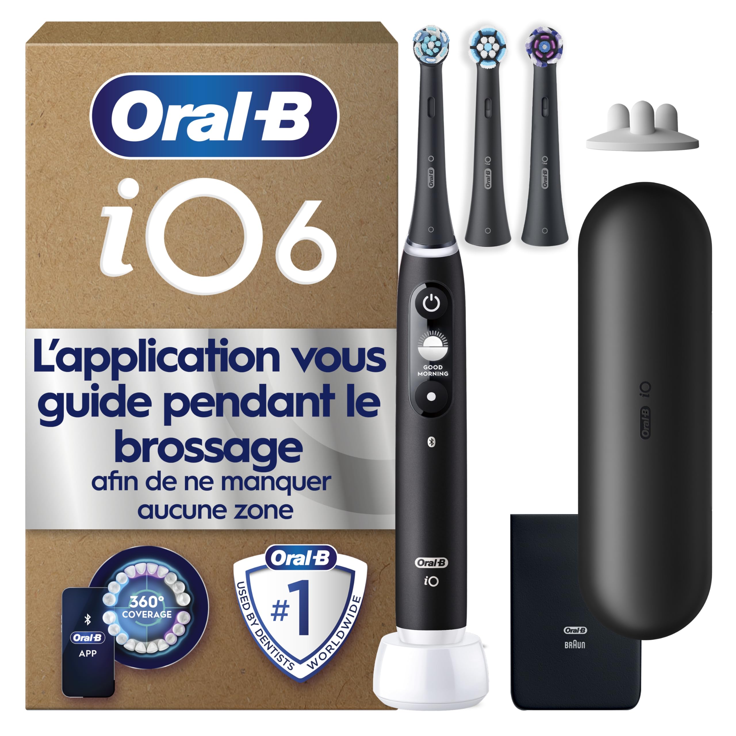 Oral-B Brosse A Dents Electrique iO 6 Noire, 5 Modes De Brossage Dont Blancheur Et Soin Des Gencives, Capteur De Pression, Ecran Interactif, 3 Brossettes De Rechange Oral B, Etui De Voyage, Carton